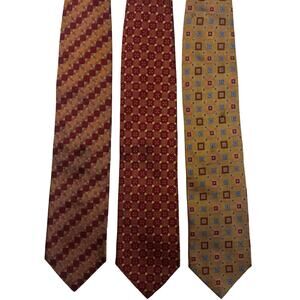 Set Of 3 DANIEL DE FASSON Handmade 100% Silk Tie Geometric Necktie Red Yellow